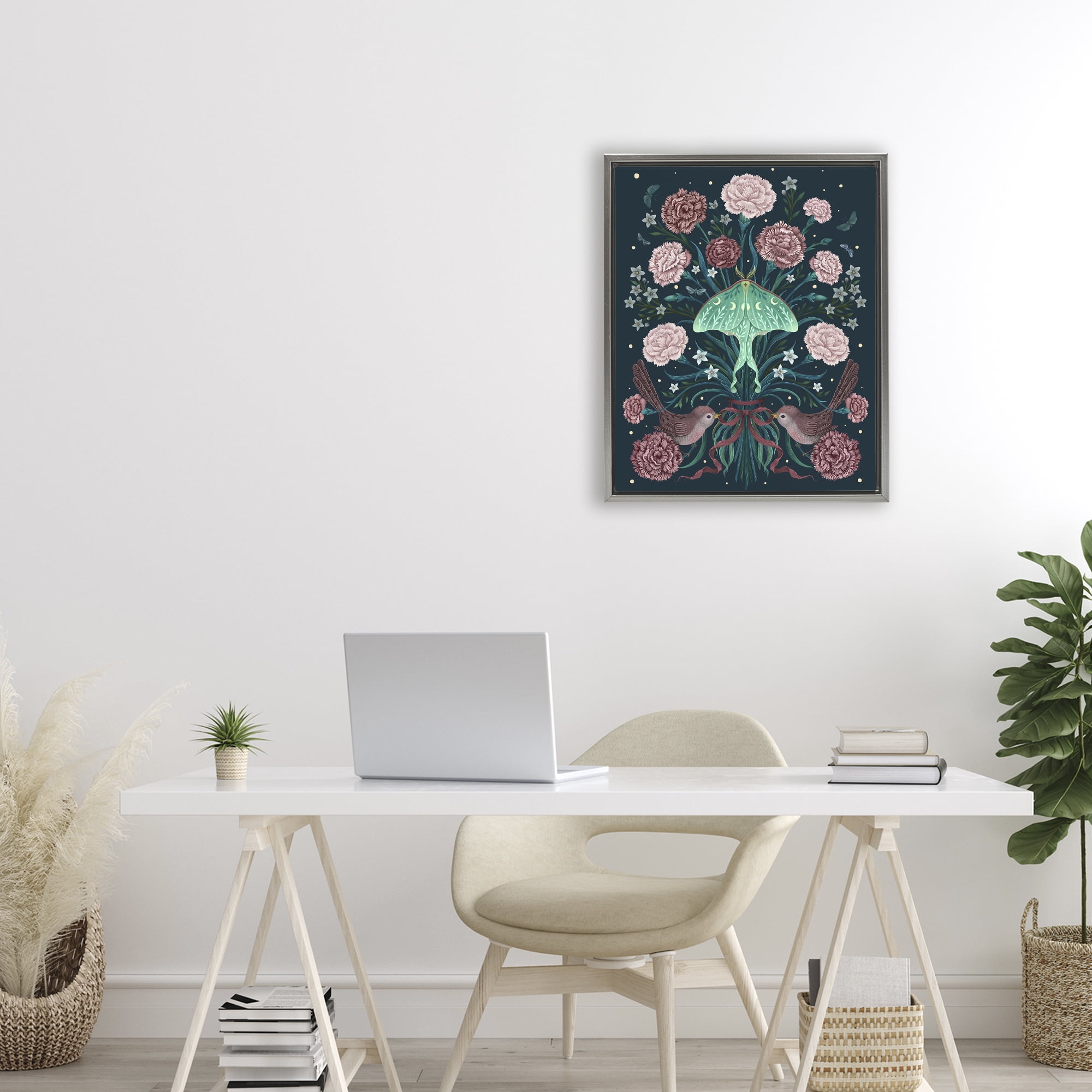 Stupell Industries January Carnations & Moth Gray Framed Floater Canvas Wall Art, design by Episodic Drawings