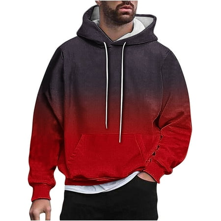 ZCFZJW Mens Fall Long Sleeve Hooded Sweatshirts Casual Tie Dye Gradient Print Drawstring Hoodie Outwear Coat Tops with Pockets Lightweight Outfit Clothes Red XXXL