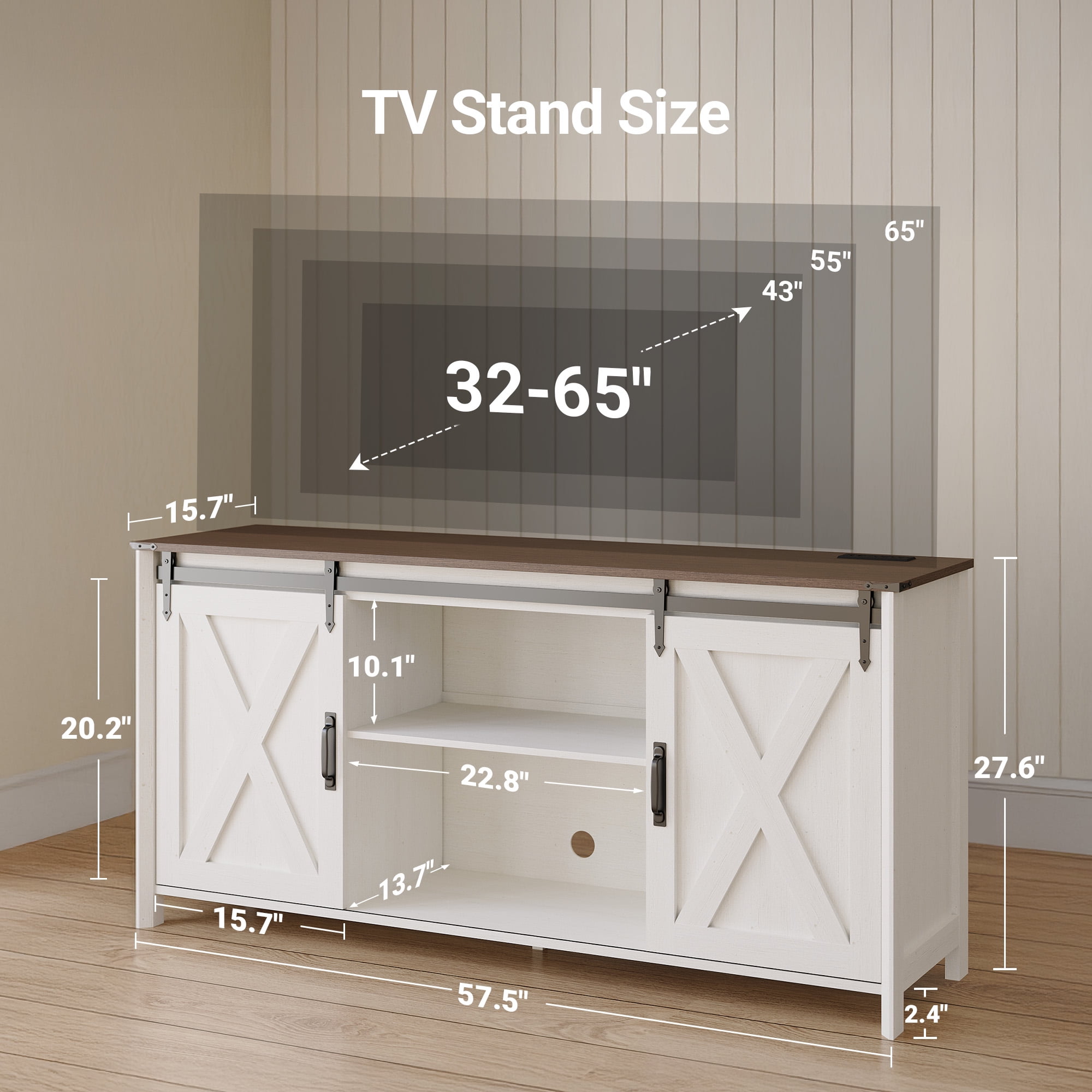 Innovar Modern Farmhouse TV Stand with Power Outlet for TV up to 65", Rustic Entertainment Center W/ Sliding Barn Door & Cabinet, Media TV Console Table with Adjustable Shelve for Living Room, Oak