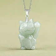 EOEMY Burmese Jade Cat Pendant Jadeite 925 Silver Natural Jewelry White Necklace