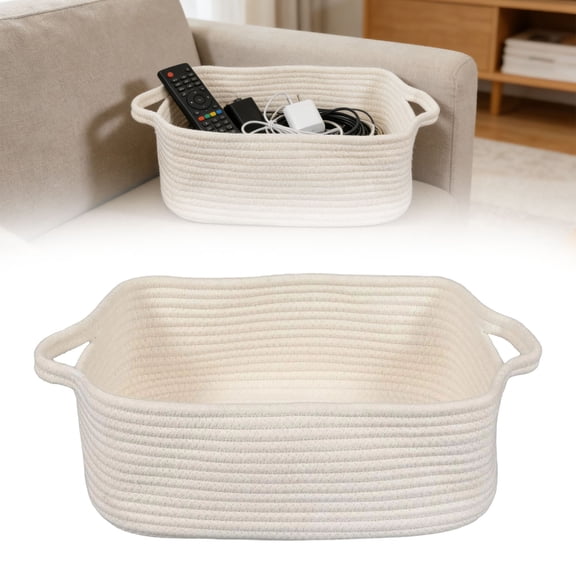 Woven Cotton Rope Storage Basket With Handles Decorative Rectangle Bin For Organizing Shelves Closet Pet Toys Gift Baskets Empty Box Basket White 14*10*5 In