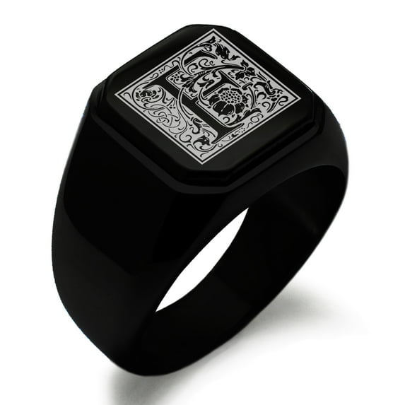Stainless Steel Letter F Initial Floral Box Monogram Engraved Engraved Square Flat Top Biker Style Polished Signet Ring