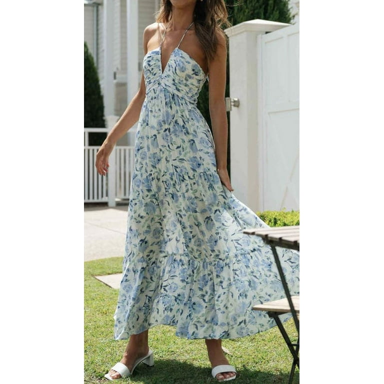 Women's Summer Chiffon Floral Maxi Dress Sleeveless Halter V Neck Flowy  Long Dress Boho Backless Tiered Swing Beach Dresses - Walmart.com