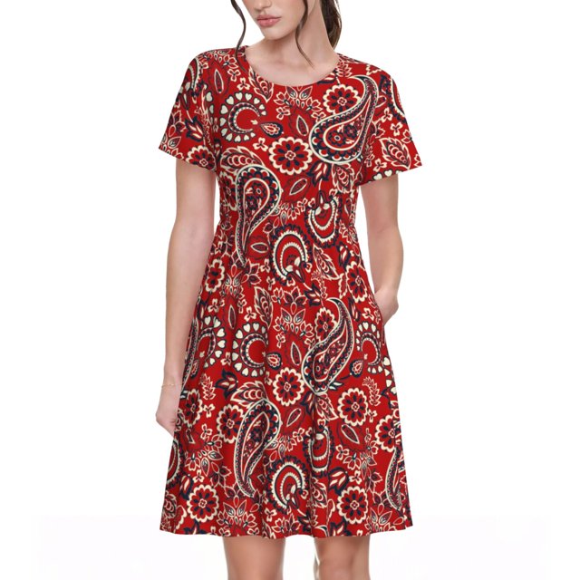Easygdp Vintage Red Paisley para Vestido Transpirable de Mujer, Vestido Suelto de Manga Corta con Pliegues y Bolsillos para el Verano