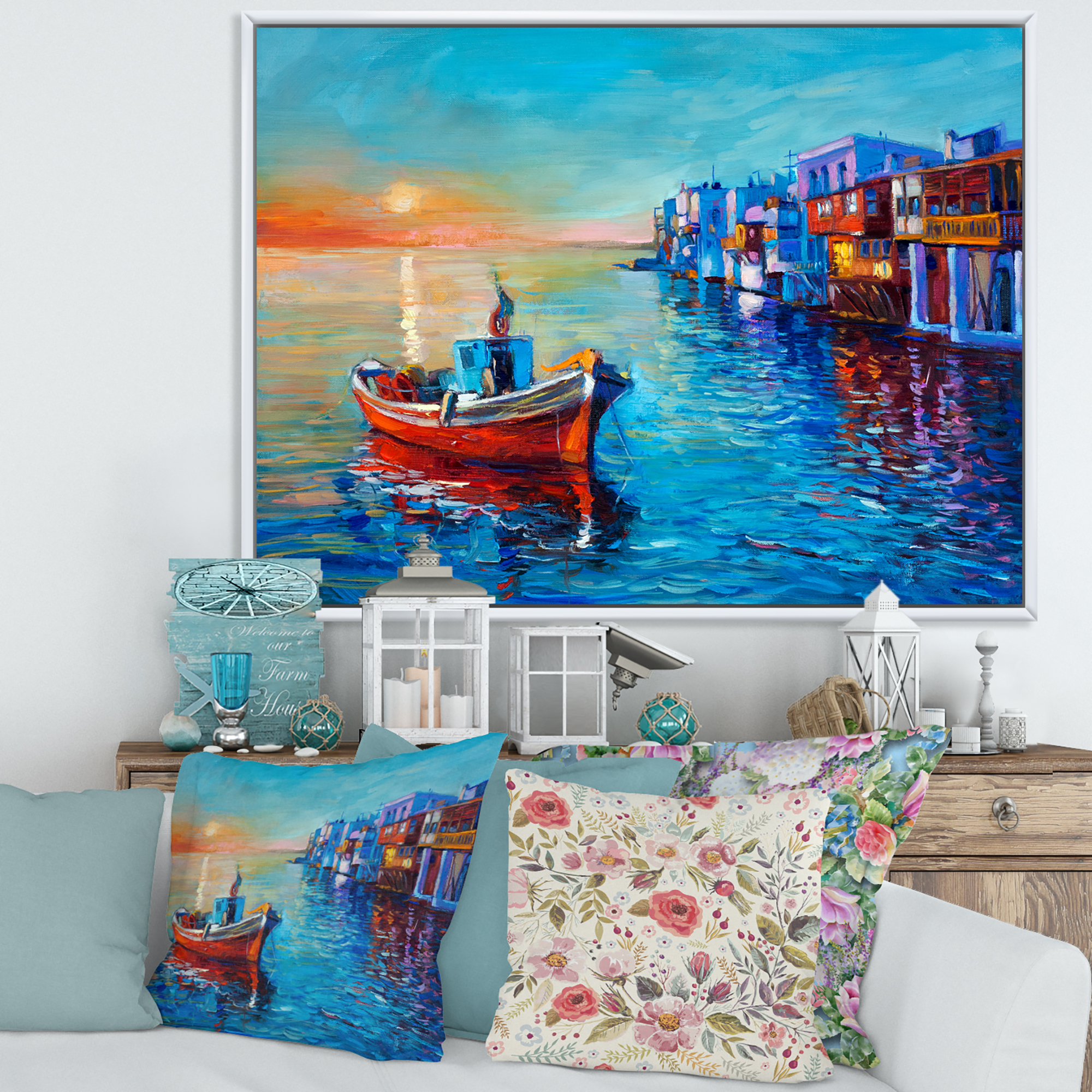 Designart 'Boats Near Coastal Town Resting On The Water I' Nautical & Coastal Framed Canvas Wall Art Print