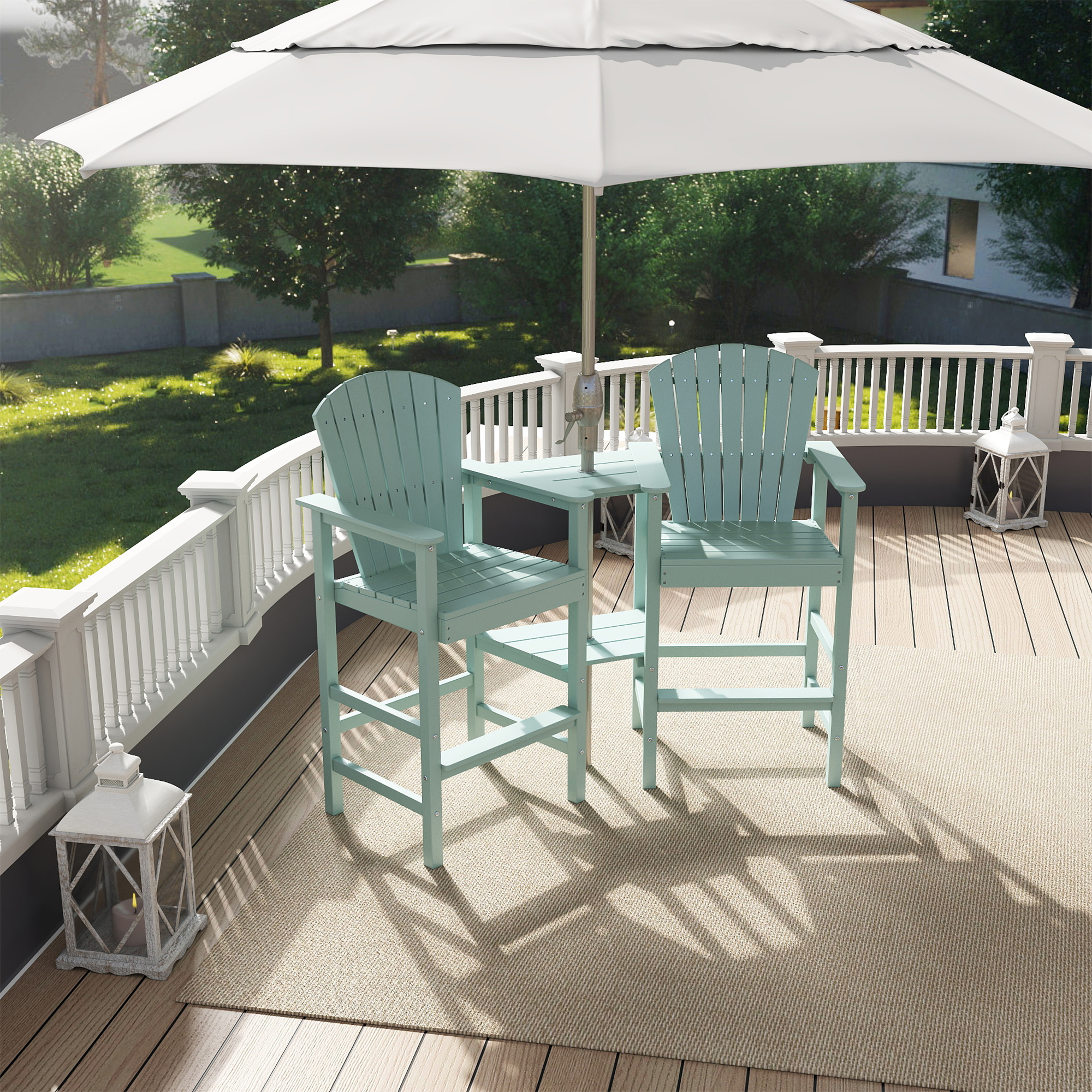 FOOWIN Tall Adirondack Chair Set of 2, HDPE All-Weather Adirondack Bar Stools with Connecting Tray, Aruba Blue