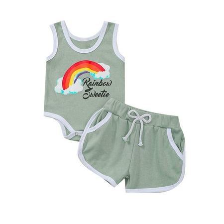 

Fesfesfes Toddler Baby Girls Rainbow Print Vest Clothes Comfortable Romper Tow-piece Suit