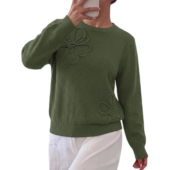 BTFBM Fall Long Sleeve Sweaters for Women Trendy | Lightweight Knit Sweater, Cute 3D Flower Embroidery Crew Neck Tops,Business Casual,Holiday Winter Clothes