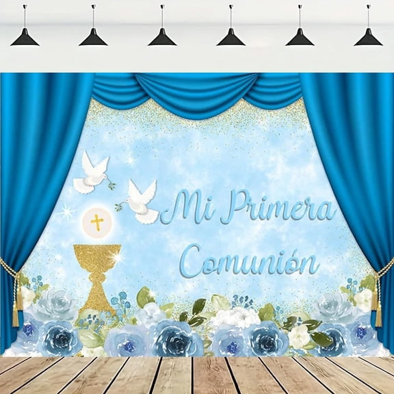 Mi Primera Comunion Christening Photography Background Blue Flowers First Holy Communion Baptism Party Decorations Backdrop Golden Cross God Bless Chalice Doves Party Banner