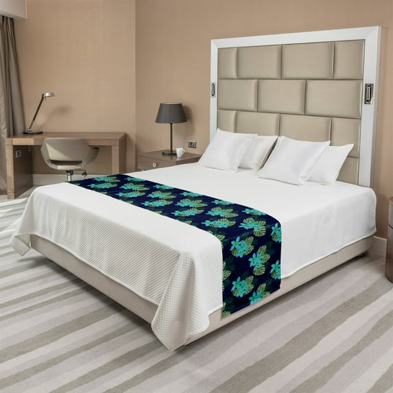 Tropical Bed Runner, Exotic Leaves and Flowers Blooming Hawaiian Foliage Botanical Pattern, Decorative Accent Bedding Scarf for Hotels Homes and Guestrooms, King, Indigo and Multicolor, by Ambesonne