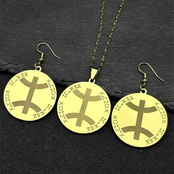 African Berber Symbol 14K Yellow Gold Pendant Necklace Earring set for Men Women 14K Yellow Gold Golden/Silver Color Amazigh Letter Ethnic Chain Jewelry