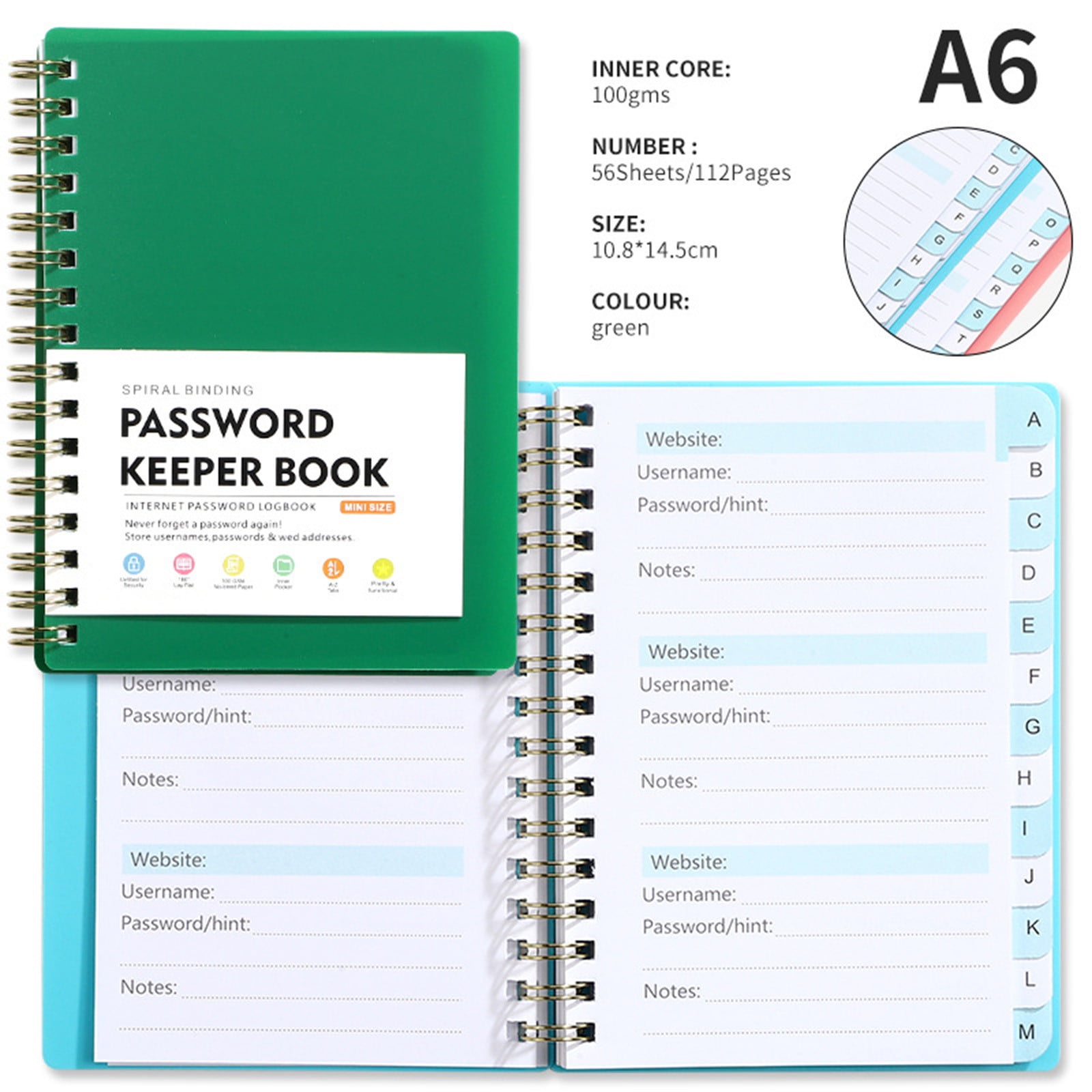 Password Book with Alphabetical Tabs, Password Book with Personal Alphabet Label,Internet Address and Password Headquarters Password Log,Small Password Keeper Journal (Green)