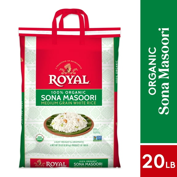 Authentic Royal Organic Sona Masoori Medium Grain White Rice, Gluten-free, 20 lbs
