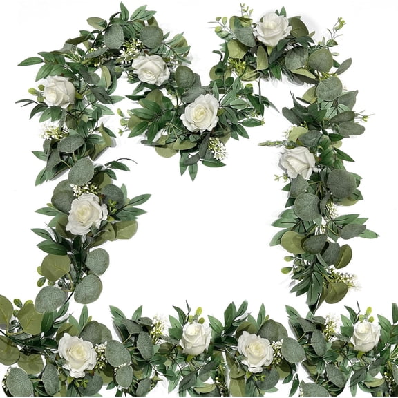 2 Pack 13Ft Artificial Spring Eucalyptus Flower Garland with White Roses, Fake Flower Greenery Floral Green Garland Vines for Wedding Arch Table Runner Backdrop Mantle Home tions (White)