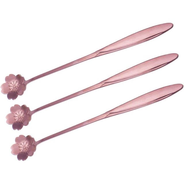 Cucharas de acero inoxidable con mango largo, cucharas mezcladoras para té, cóctel, café, agitador, flor de cerezo de oro rosa, 3 uds.