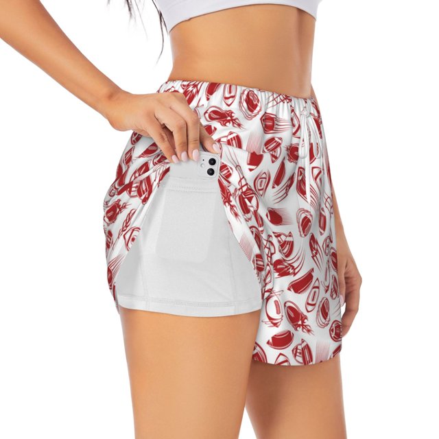 Balery Red Football Pantalones cortos deportivos para mujer con forro y dos bolsillos, elásticos, para entrenamiento, gimnasio, yoga-X-Large
