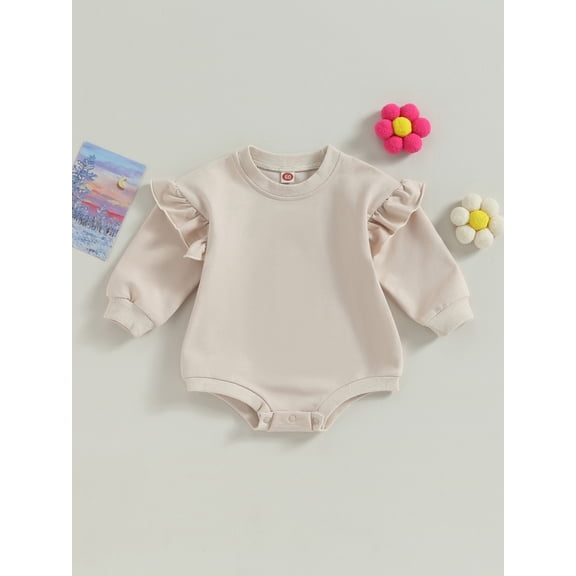 Loicainy Baby Toddler Girl Sweatshirt Bodysuit 3 6 12 18 Months Ruffle Long Sleeve Round Neck Solid Color Romper Infant Fall Outfit