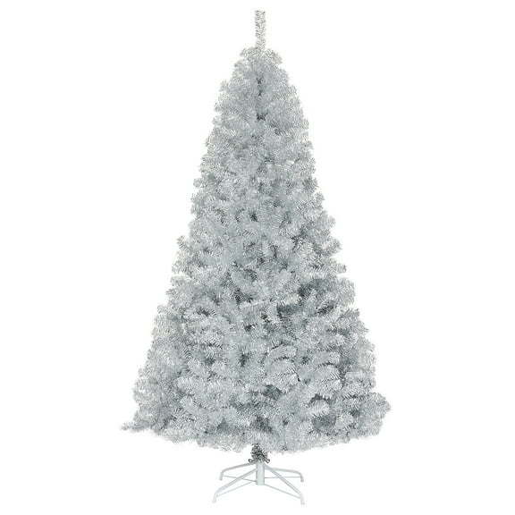 Topbuy 7.5Ft Hinged Artificial Silver Tinsel Christmas Tree with Metal Stand