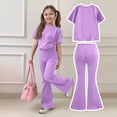 thumbnail image 3 of Grblisyd Girls Outfits Size 10-12 Summer Solid Color Casual Short Sleeve Crew Neck Top Flared Pants 2PCS Set Little Girl Outfits, 3 of 6