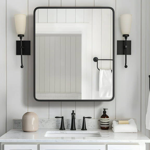MAYEERTY 30"x24" Iron Rectangular Bathroom Mirror Cabinet, Black