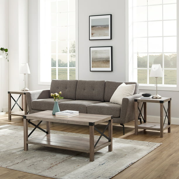 Rustic Wood Metal Coffee Table Set, Rustic Living Room Table Set
