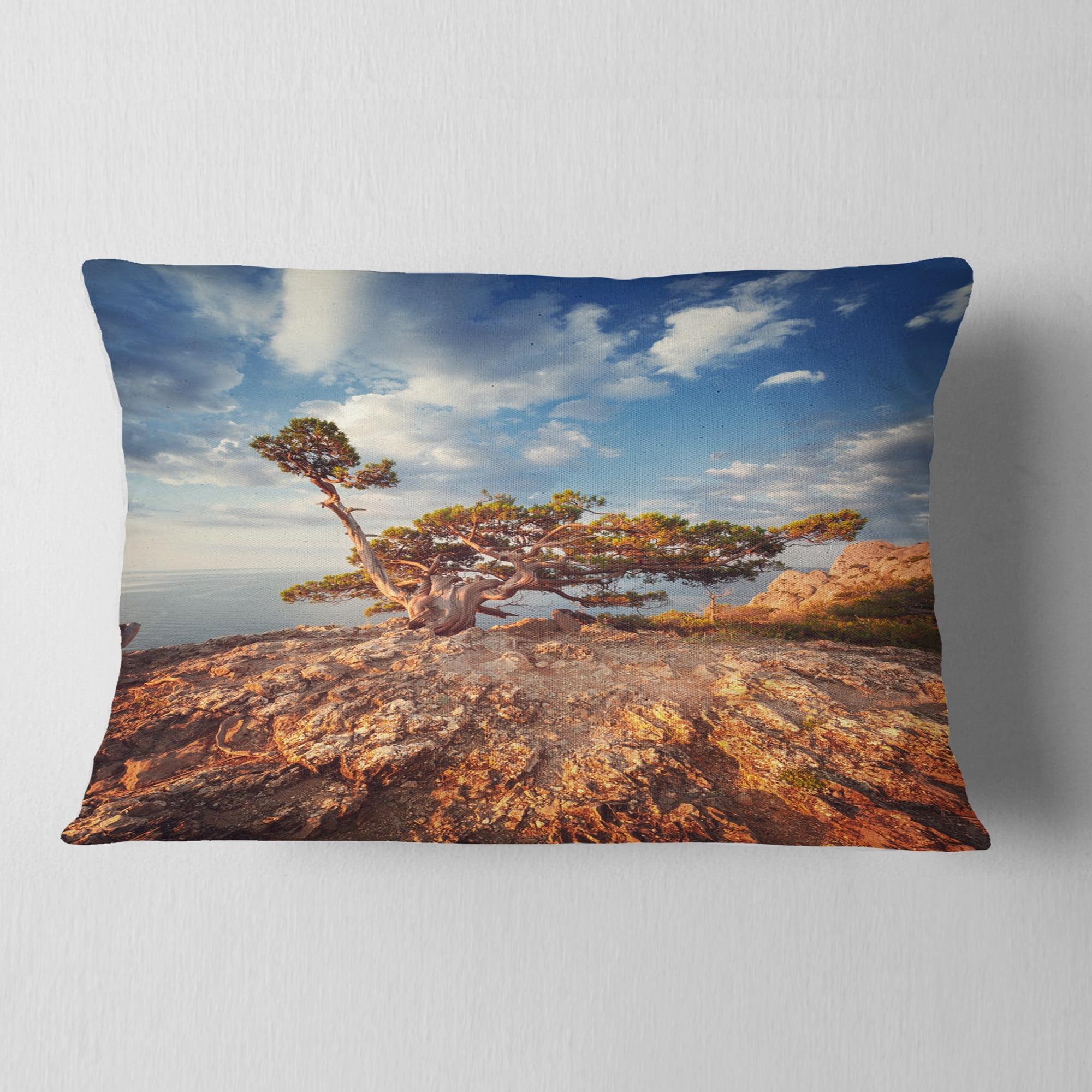 Designart Sunrise with Old Tree at Peak - Landscape Photo Throw Pillow - 12x20