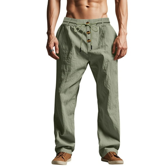 Sentmoon Mens Linen Pants High Waist Drawstring Straight Fit Wide Leg Jogger Pants with Pockets Button Detail Solid Color Lounge Trousers Leisure Boys for Traveling or Casual Hangouts Green S