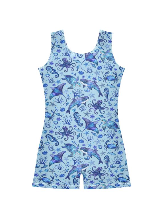 Ocean Octopus Turtles Whale Pattern Girls Leotards Gymnastics Tumbling Outfit Biketard Unitard 2-3Years