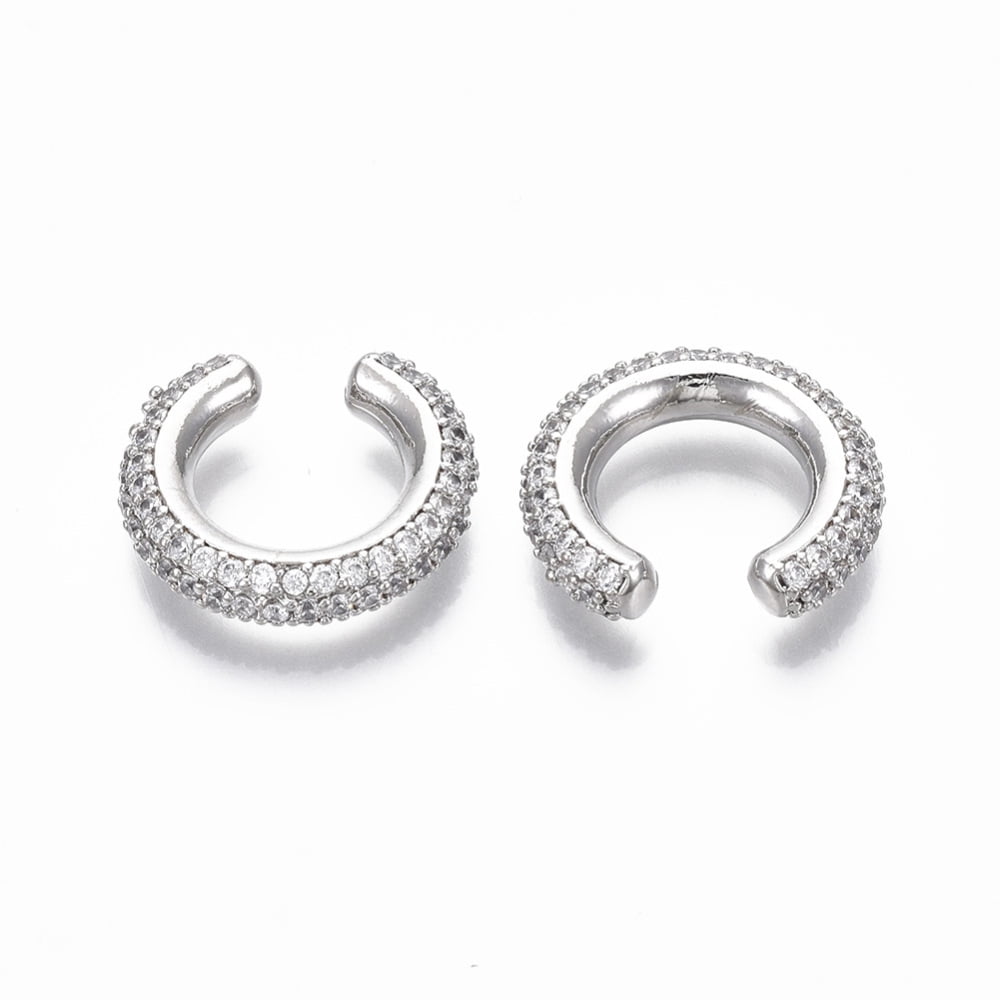 Cubic Zirconia Brass Micro Pave Clear Cubic Zirconia Cuff Earrings Nickel Free Ring Real Platinum Plated 4x10.5mm