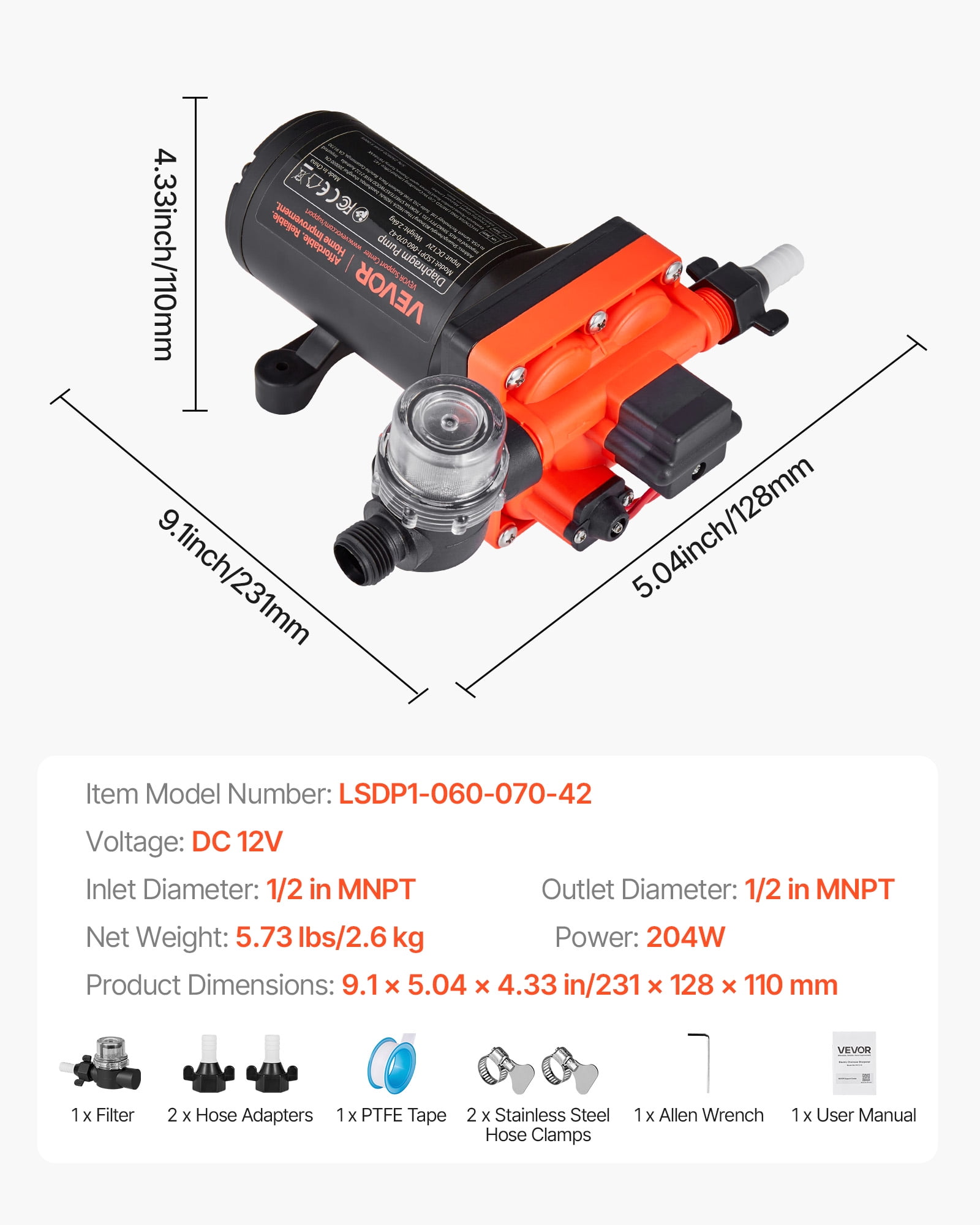 VEVOR RV Water Pump, 12V DC 6 GPM (22.7 L/Min), 4-Chamber Self-Priming Diaphragm Water Pump with Automatic Pressure Switch, 70 PSI Max Pressure, On Demand for RV, Caravan, Marine, Yacht, Car Washing