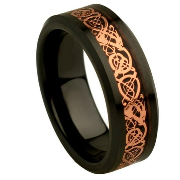 8mm Ceramic Ring Flat Black Ceramic High Polished with Rose Gold Tone IP Plated Celtic Dragon Inlay Beveled Edge Wedding band Ring for Men and Ladies
