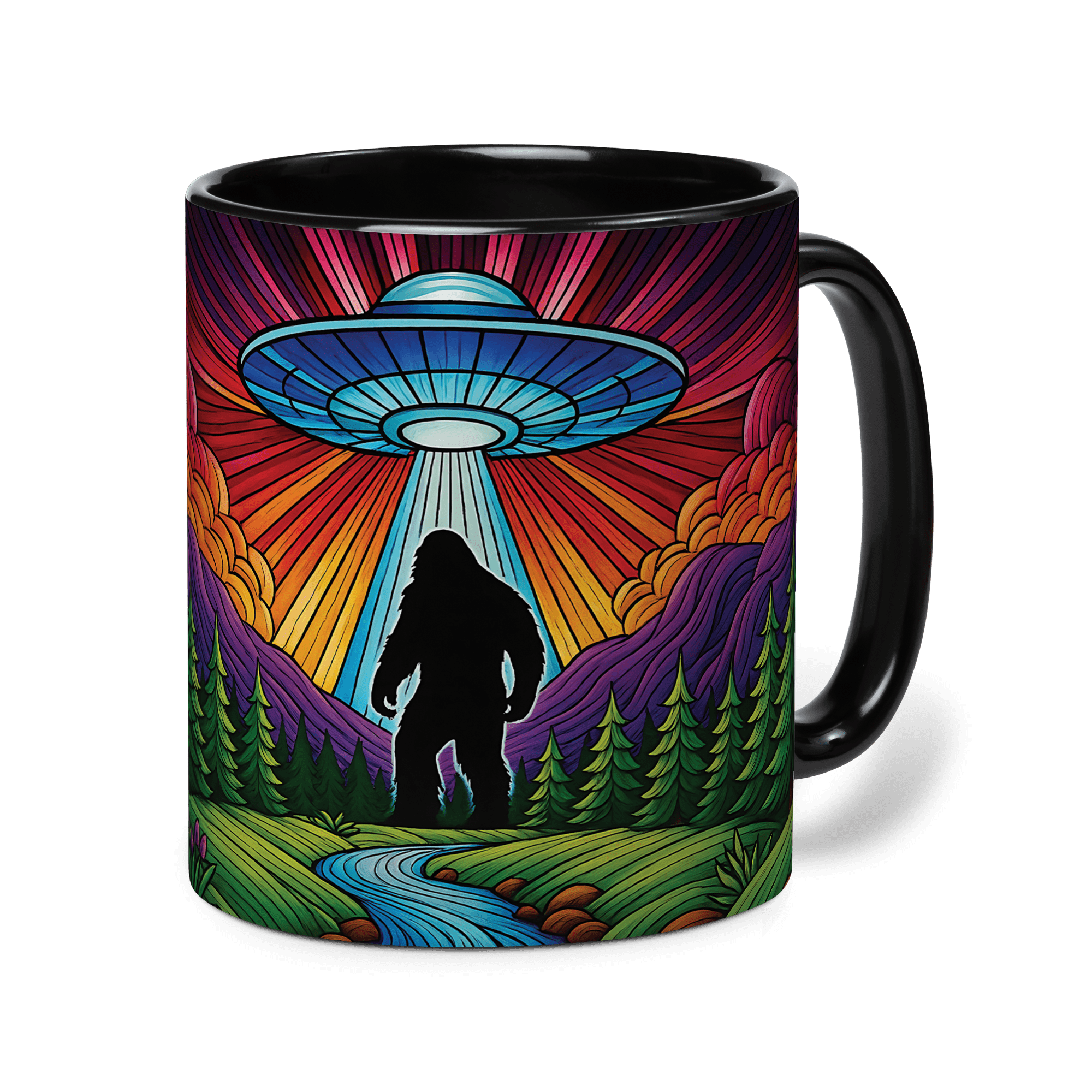 Lotusprinthandmade Bigfoot Lovers Black Accent Mug (11oz) (Made In US), funny bigfoot coffee mug, bigfoot ceramic cup, bigfoot themed bigfoot mug, bigfoot drinkware