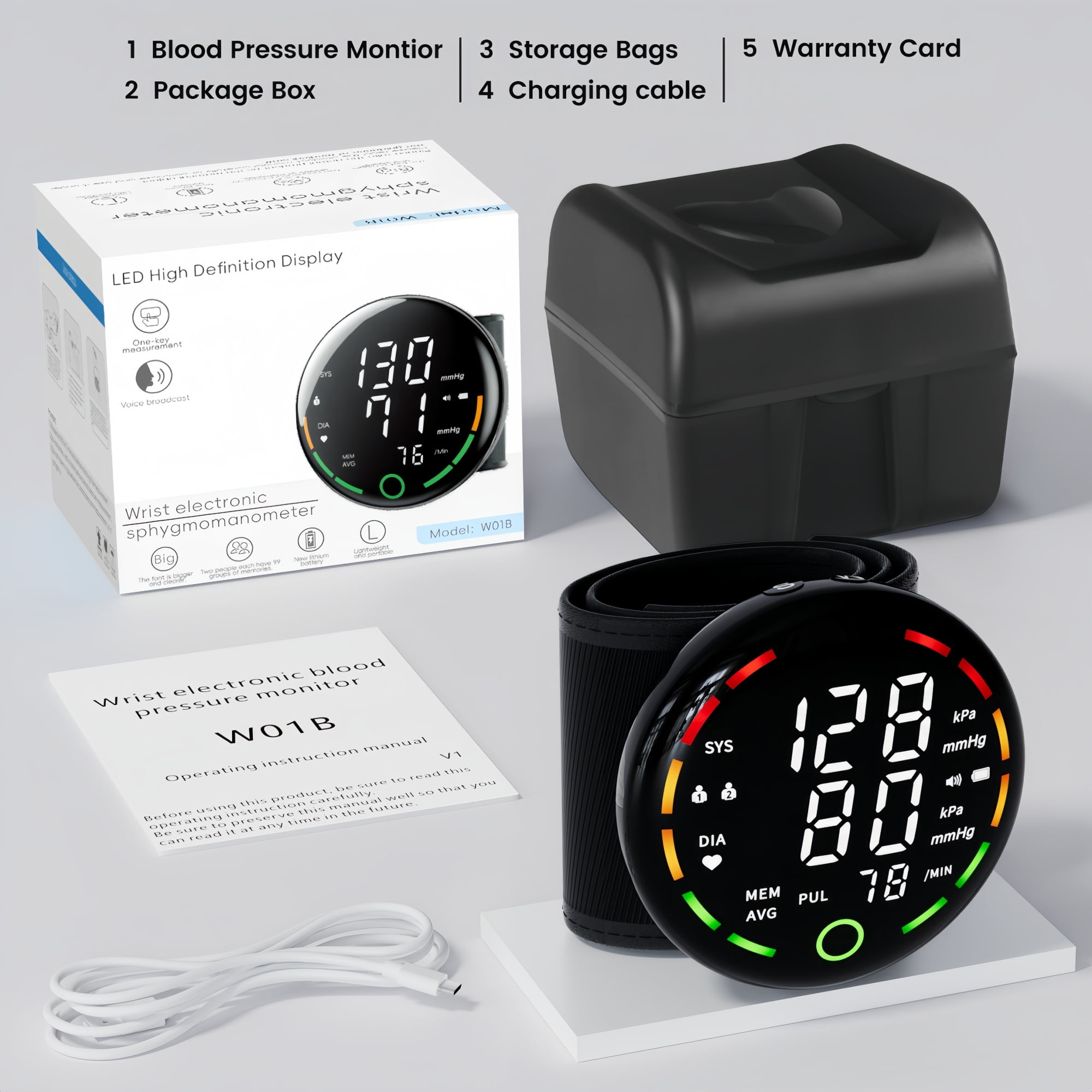 Wrist Blood Pressure Monitor with Led Touch Screen -Adjustable Wrist Blood Pressure Cuff (5.3-7.6inch)Rechargeable Wrist Bp Monitor with 99x2 Reading Memory and Carrying Case(Black)