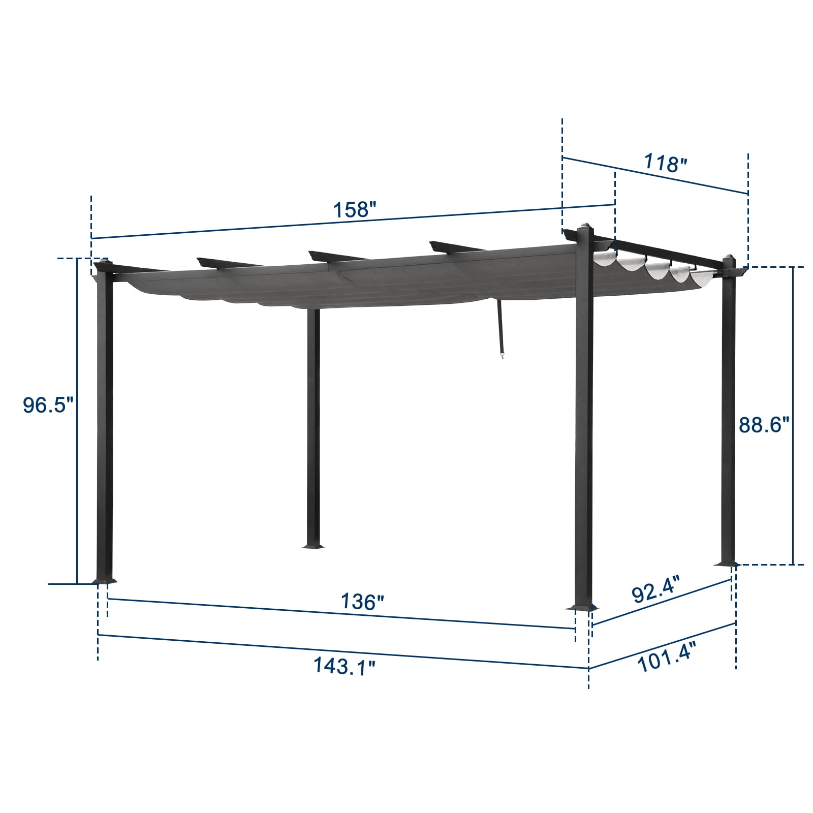 Retractable Canopy Metal Pergola, Heavy Duty Powder Coated Iron Frame Patio Pergola with Adjustable PA Coated Oxford Fabric Shade Canopy for Backyard Garden Lawn, Dark Gray 143.1" x 101.4"