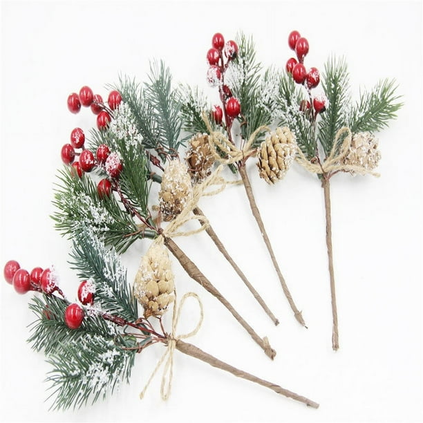 Material hecho a mano DIY simulación agujas de pino bayas rojas de Navidad ramas de pino decoración de árbol de Navidad ramo