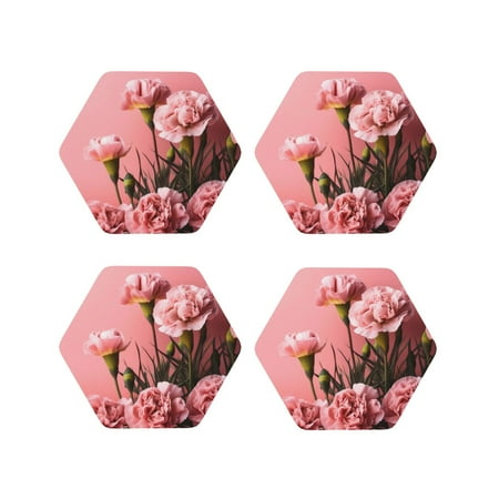 

Leather Coasters Set of 4 - Delicate Pink Carnations A Lightweight Non-Slip Drink Coasters for Desk Anti-Scalding Desk Cup Coasters for Office Table Decor Hexagon