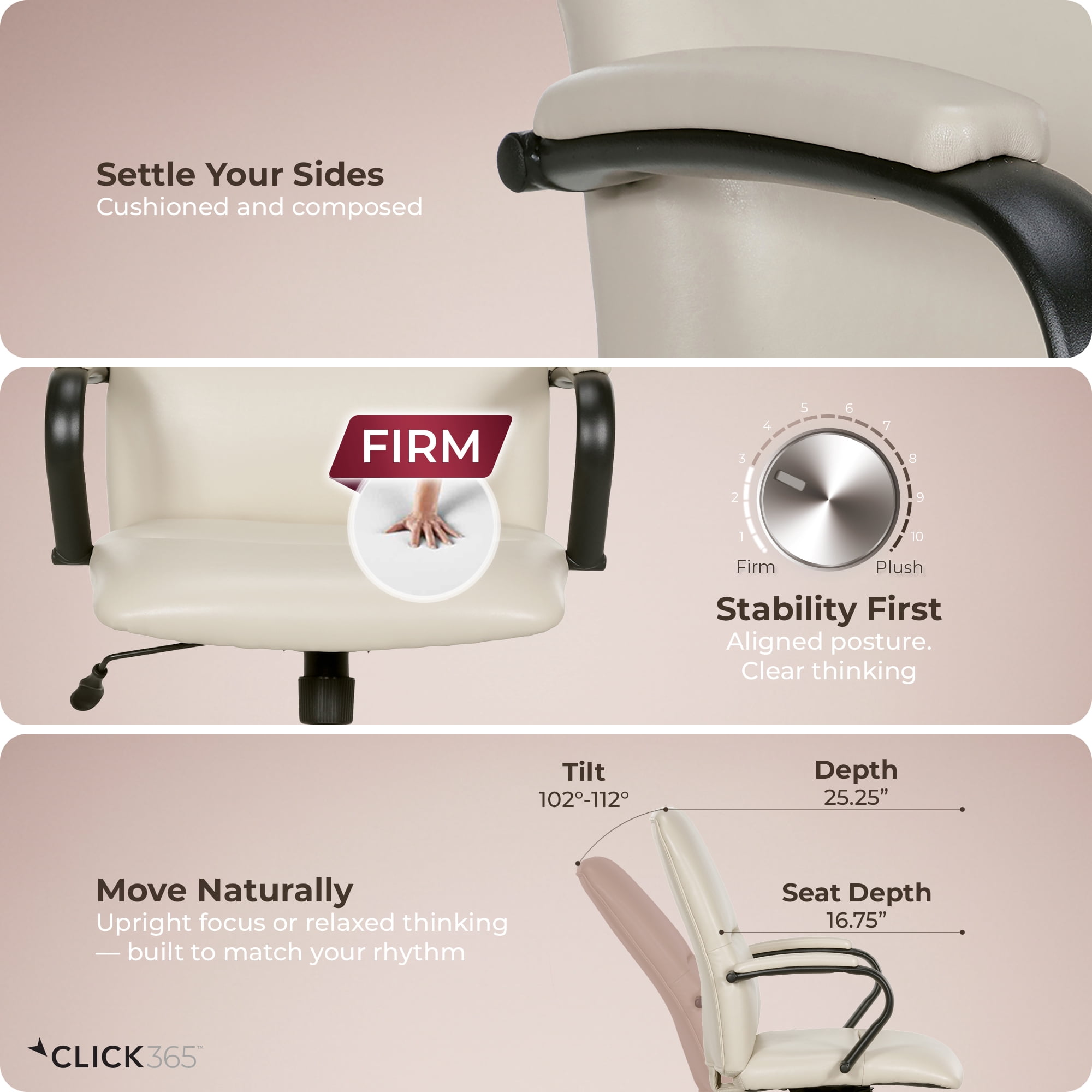 Click 365 Adult Polyurathane Mid Back Indoor Commercial Ergonomic Office Chairs Hardware Kit, Cream