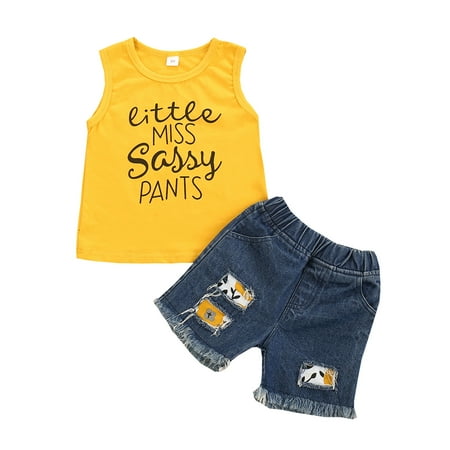 

Little Boy’s Fashion Letter Vest and Patchwork Ripped Denim Shorts