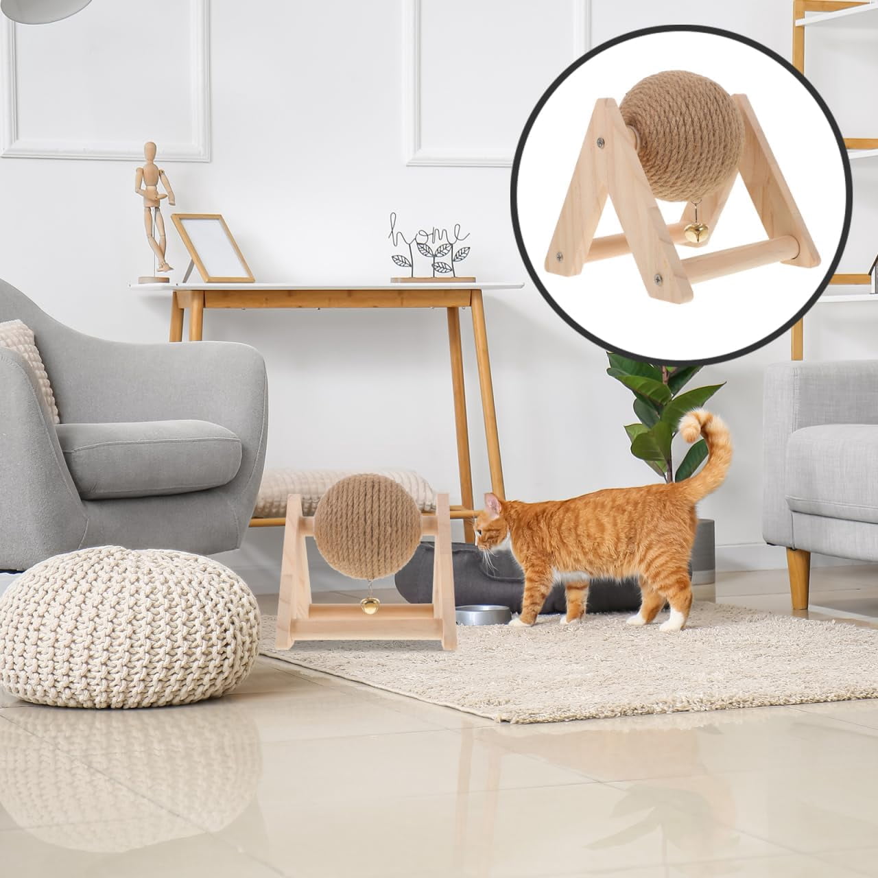 ABPETE Cat Scratcher Toy with Sisal Ball Cats Scratching Rope Ball Interactive Rotatable Wood Pet Scratcher Toys Durable for Indoor to Grind Claws Pet Furniture Supplies