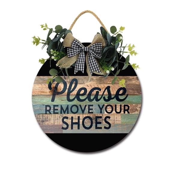 Eveokoki Please Remove Your Shoes Front Door Sign Funny Wreaths Hanging Wooden Plaque Decoration Round Rustic Wood Farmhouse Porch Decor for Home Front Door Decor, 11 x 11 Inch