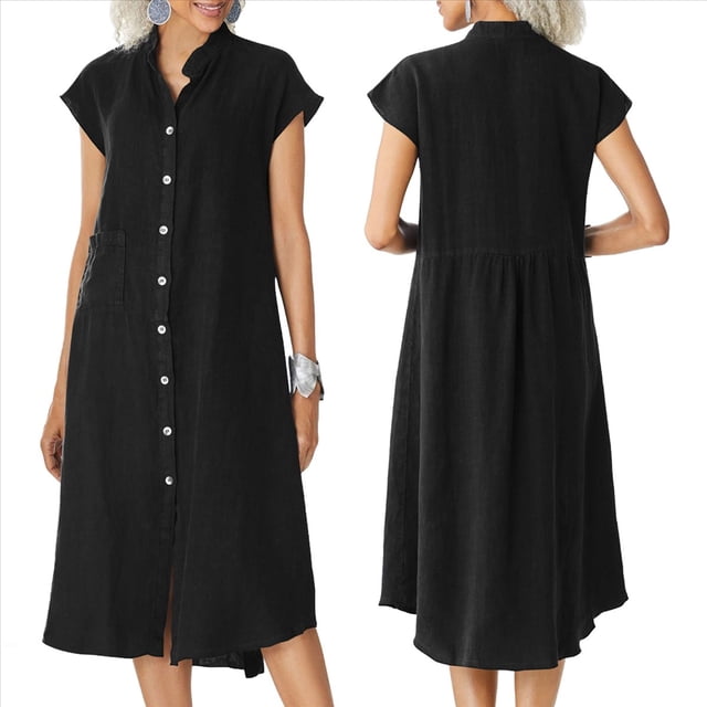 Cárdigan de Cuello Alto con Botonadura Sencilla de Algodón y , con Bolsillos y Enaguas de Talla Grande para Mujer. Negro XXL