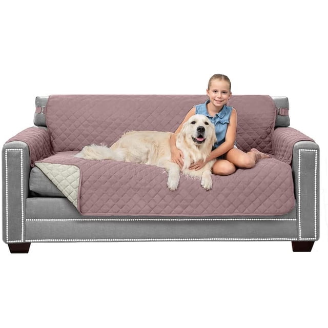Original Patent Pending Reversible Small Sofa Protector, Many Colors, Seat Width to 62 Inch, Furniture Slipcover, 2 Inch Strap, Couch Slip Cover Throw for Pet Dogs, Cats, Dusty Rose Linen