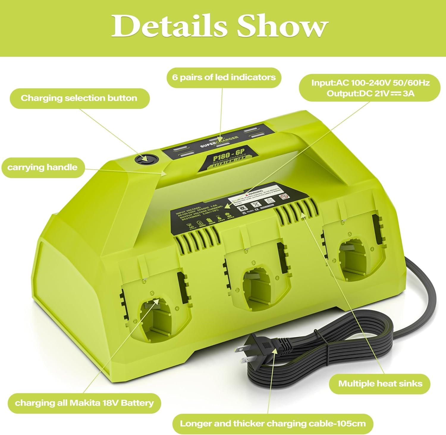 18V 6-Port Charger for P117 P135 Ryobi 18V Supercharger, Compatible with Ryobi 18V ONE+ Battery P100 / P102 / P103 / P105 / P107 / P108 / P189 / P190 / P193 / P197, for All Ryobi 18V Battery Charger