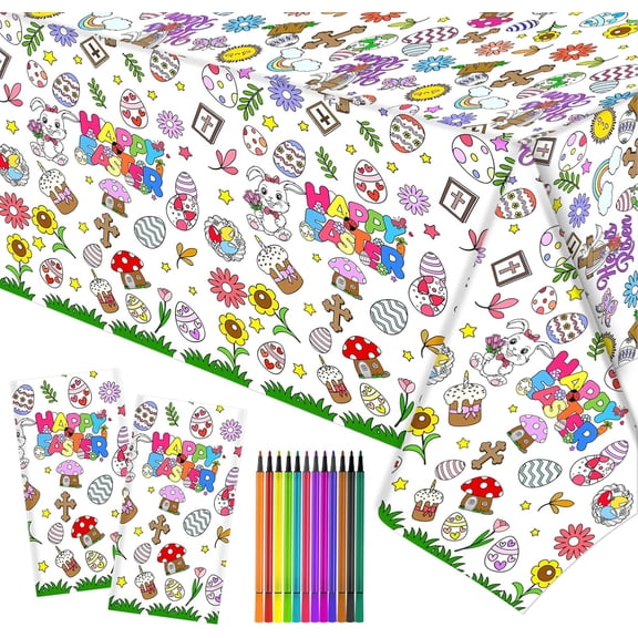 2pcs Religious Easter Coloring Tablecloth with 24 Paint Pens, He is Risen Coloring Table Cover for Kids Spring Easter Party Game Activities, Easter Color in Paper Table Banner
