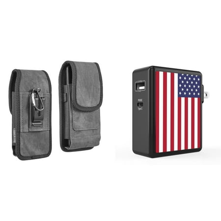 

Holster and Wall Charger Bundle for Nokia C200: Vertical Rugged Denim Nylon Belt Pouch Case (Black) and 45W 2 Port (Power Delivery USB-C USB-A) Power Adapter (American USA Flag)