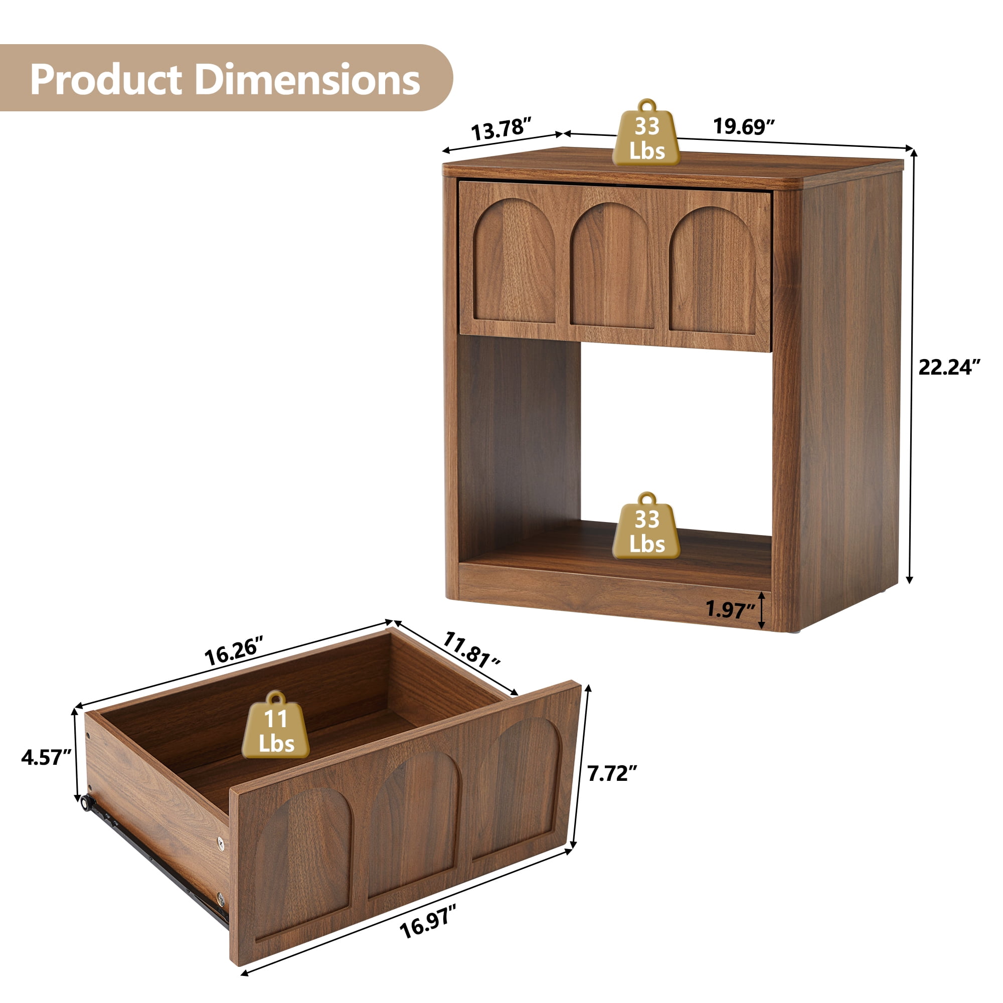 YOCWO Walnut Nightstand Set of 2 with Drawer for Bedroom, Wood Bedside Table with Arched Fluted