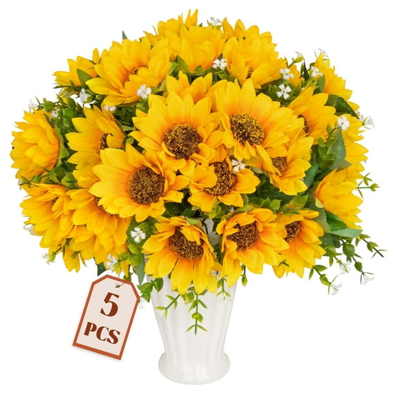 Scidweet 5 Pcs Artificial Silk Sunflower Bouquets, Fake Flowers Faux Sunflower for Spring Summer Party Table Decor Indoor Outdoor Home Wedding Decoration
