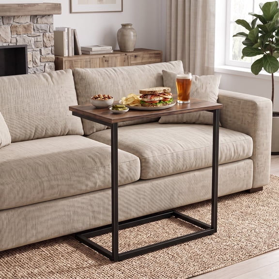 C Shaped End Sofa Table, Vintage Side Couch Table for Living Room, Bedroom, 27"(H) x 19.7"(W) x 12.6"(D), Brown