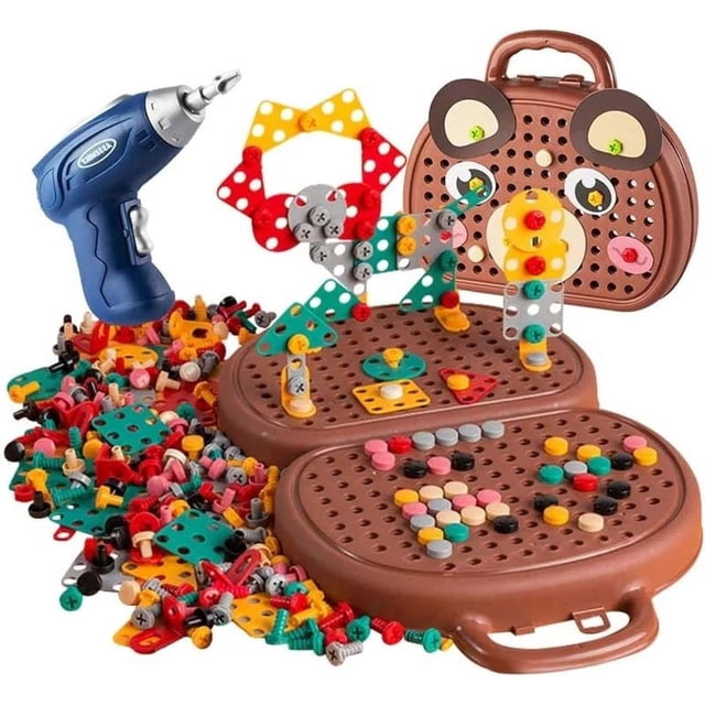 Caja de herramientas creativa: juguete de mosaico creativo con juego de herramientas de tornillo de taladro eléctrico, kit de creatividad 3D, juguete para niños de 3 a 12 años