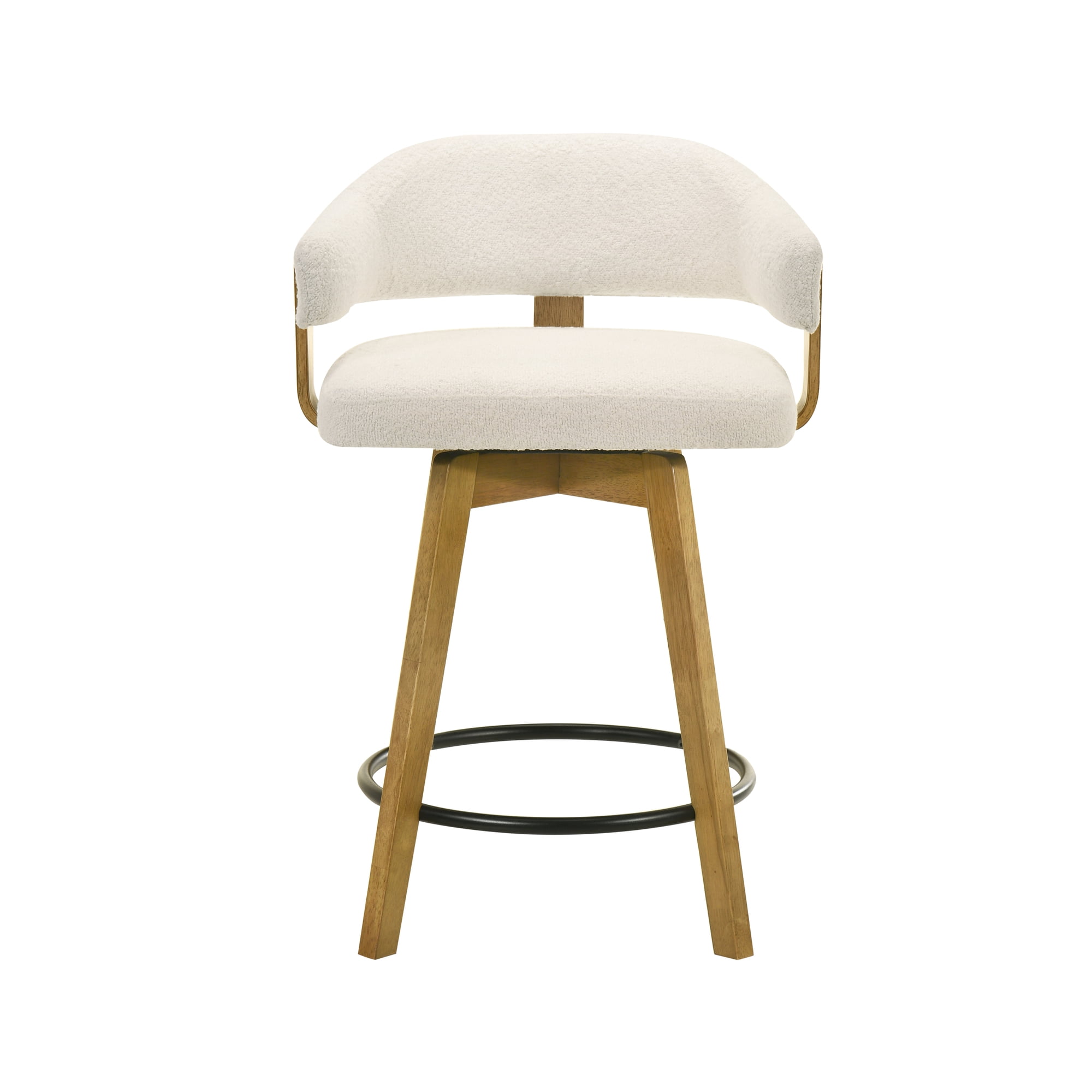 Callah Contemporary Natural Wood Counter Height Kitchen Bar Stool in Amber Glow Finish with White Boucle Fabric Upholstered Seat